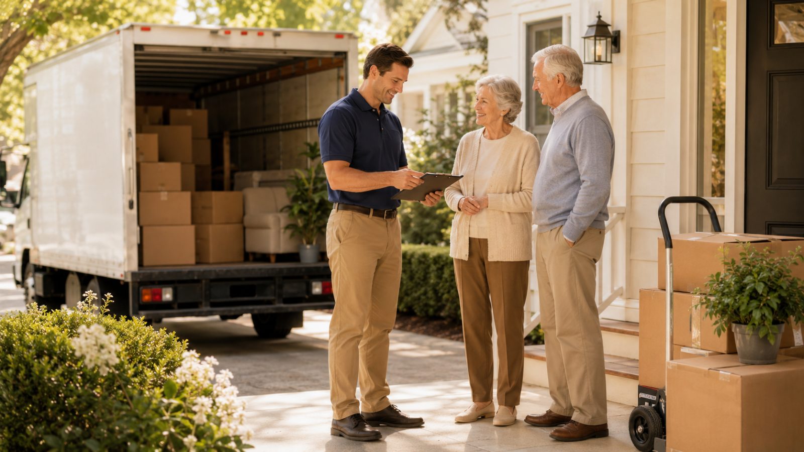 Brian reviewing the moving plan on a clipboard with a senior couple beside the loaded truck at their home
